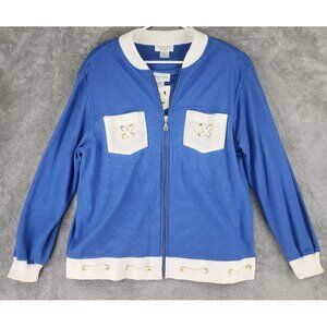 Adolfo Sport Jacket Medium Womens Blue White Zip Long Sleeve 2 Piece Vintage
